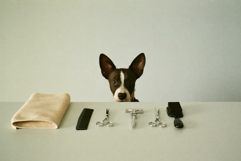 Grooming clippers, brushes and scissors laid out ready